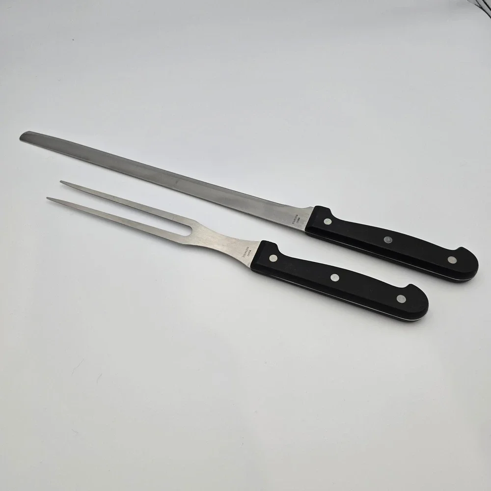 Ronco Six Star+ 2 Piece Carving Set Stainless Knife and Fork Black Triple Rivet